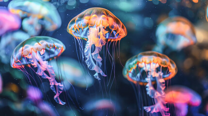Softly glowing jellyfish swim with colorful hues in a dreamy, magical ocean environment