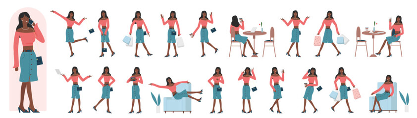 African american black busy business lady character in different situations and postures set vector illustration. Cartoon sad and happy female corporate worker, executive manager talking showing poses
