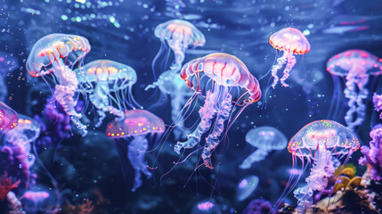 Translucent jellyfish shine with glowing pastel lights in a peaceful, vibrant underwater scene