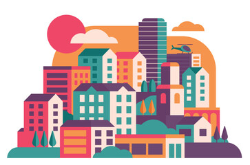 Fototapeta premium Abstract city, urban skyline at sunset. Cartoon cityscape in red, orange, green and purple, silhouettes of corporate skyscrapers and streets flat vector illustration. Architecture, town concept