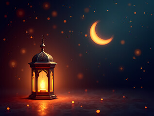 Ramadan Lantern Night: An ornate Ramadan lantern glows warmly under a crescent moon, casting a soft light against a dark, starlit night sky. The image evokes a sense of peace and spirituality.