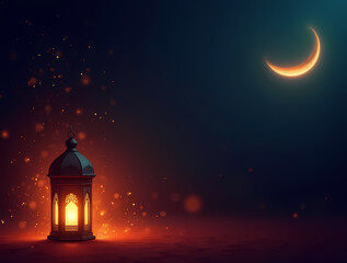 Luminous Lantern and Crescent Moon: A captivating scene features a beautifully illuminated lantern casting a warm, inviting glow against a dark, starlit backdrop.