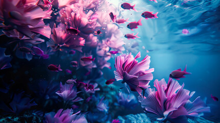 Underwater coral blooms shine with pink glow, surrounded by magical light and vibrant sea life
