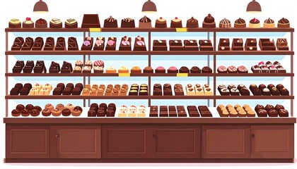 Chocolate shop showcase with sweets.