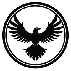 Black eagle silhouette with spread wings inside circular frame wings spread