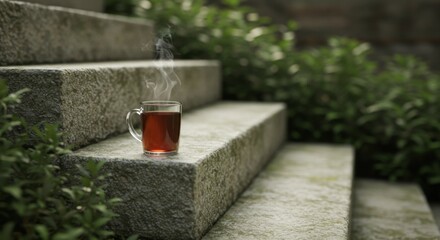 Steaming Cup of Tea on Stone Steps in a Garden