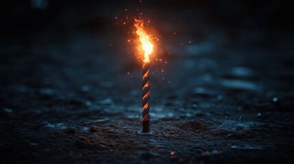 Burning striped candle in dark soil