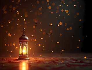 Lantern Lit in Golden Radiance: An illuminated lantern stands, casting a warm, inviting glow amidst a backdrop of bokeh, symbolizing light and hope against a dark canvas. 