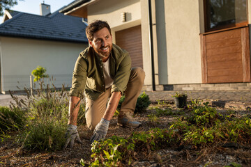 Man working in the cottage garden and planting the flowers