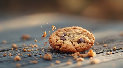 Chocolate chip cookie crumbles onto rustic wood