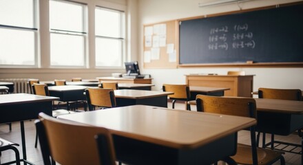 An authentic photograph of empty school desks in a classroom