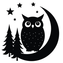 Black owl perched on crescent moon with stars and trees night