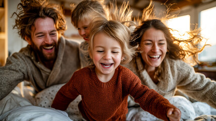 A cheerful family jumps on a bed, illuminated by warm sunlight, creating a heartwarming scene of playful joy and togetherness.