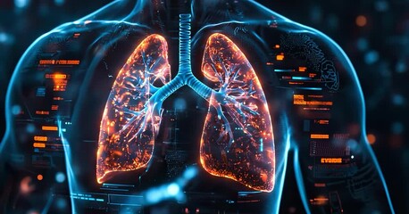 A doctor carefully examines a virtual lung x-ray projection with focused attention. The integration of advanced technology in medical diagnostics. Generative AI. - Powered by Adobe