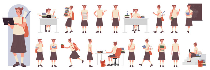 Girl student with glasses, laptop and school bag poses in side, front and back view set vector illustration. Cartoon clever cute female teenage holding books, standing, running isolated on white