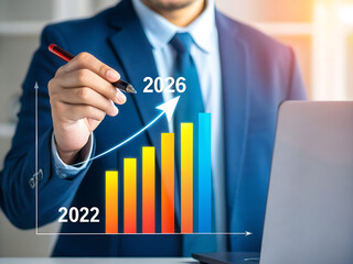 Businessman analyzing financial growth chart with pen and laptop image