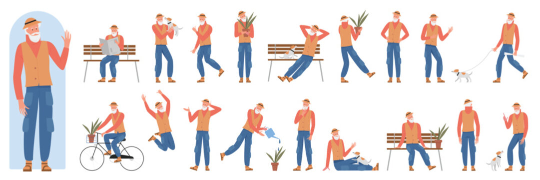 Old man poses in side, front and back view set vector illustration. Cartoon active grandfather with grey beard sitting on bench, walking dog, holding plant, reading newspaper isolated on white