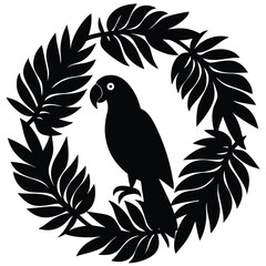 Black parrot perched amidst tropical leaves forming a circular frame silhouette white