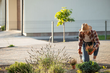 Woman in plaid shirt working in the garden and looking involved