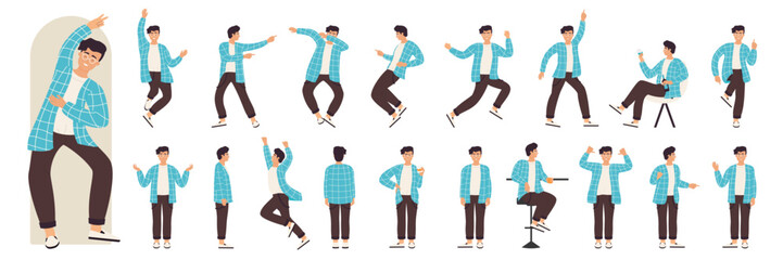 Obraz premium Boy on fun dance party in dynamic actions, side, front and back view set vector illustration. Cartoon excited young man dancing to music, drinking wine in armchair, posing isolated on white
