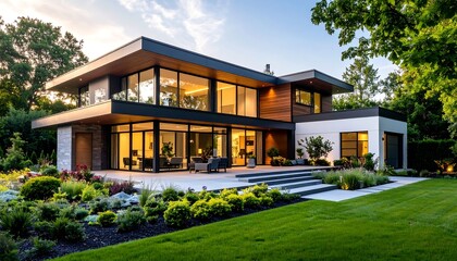 Obraz premium Modern house with landscaped yard at sunset
