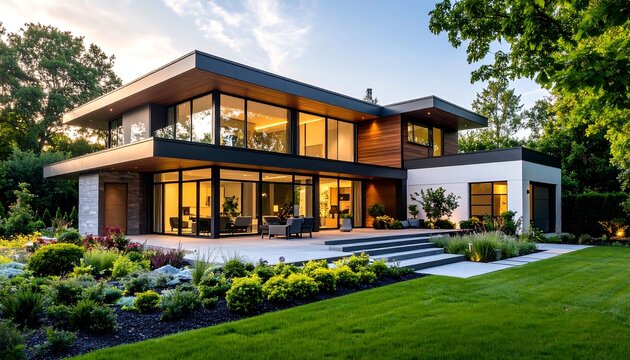 Modern house with landscaped yard at sunset