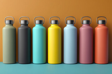 Row of pastel reusable water bottles on light surface