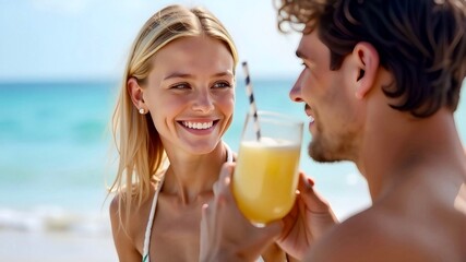 Happy young couple relaxing and having fun by the sea at sunset with a glass of juice