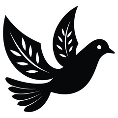 Black silhouette of a dove with olive branch in its wing bird flying