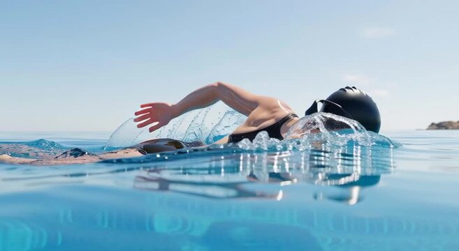 A pro female athlete swimming the freestyle crawl stroke in an outdoor swimming pool