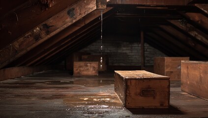 Water Droplet Dripping from Attic Ceiling with Natural Light and Shadows – Concept of Indoor Water Damage