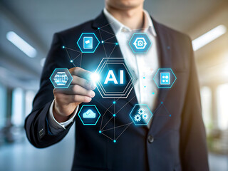 Businessman interacting with artificial intelligence network interface technology