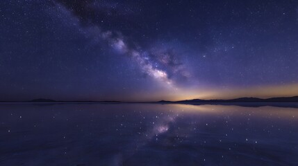 Mirror-like salt flat at night under a deep navy sky filled with stars and Milky Way reflection