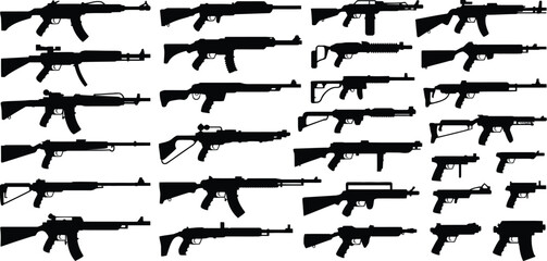 Collection of weapon silhouettes. A large set of various firearm shapes, including different rifles and handguns. Isolated black icons for military or combat themes.
