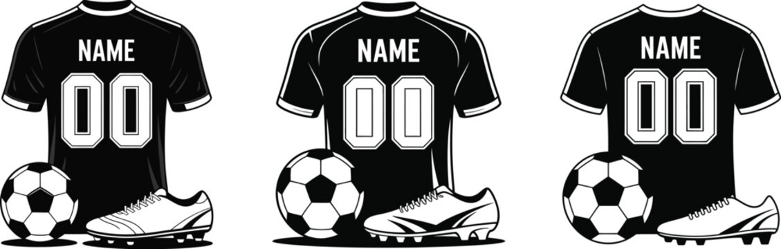 Set of soccer uniform templates. Black football jerseys with customizable name and number, shown with a ball and cleat. Isolated sports gear illustration.
