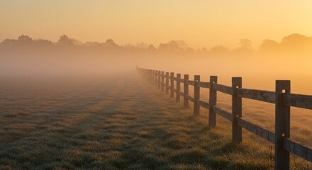 Obraz premium Misty Sunrise Over a Field with Wooden Fence