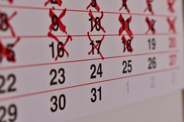 Marked calendar with red Xs over certain dates. Symbol of waiting, planning, and time tracking.