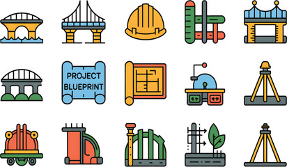 Civil Engineering Tools Icon Set – Flat Vector Illustrations of Construction Equipment, Surveying Tools, and Structural Design Elements