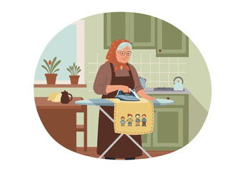 Elderly woman ironing apron embroidered by grandchildren in vintage kitchen with plants in flat vector style.