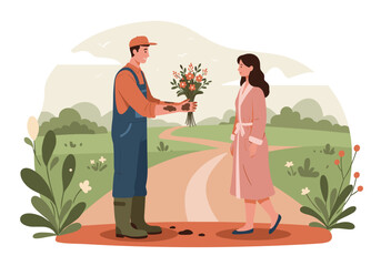 Farmer with dirty hands giving flowers to woman on path among green landscape in flat vector style.