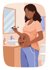 Pregnant woman drawing a face on her belly in bathroom mirror   in flat vector style.