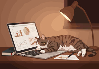 Home office interior in flat vector style. There is a laptop with charts and notes on the table, and a plump tabby cat is stretched out on it, interfering with work.