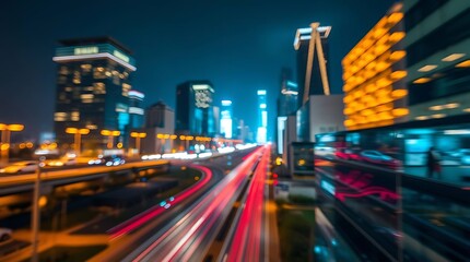 Fototapeta premium A long exposure photograph of a smart city at night, depicting abstract light trails and technological elements in warm tones