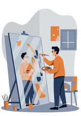 Studio interior in flat vector style. Artist painting on mirror instead of canvas. Reflection, paint strokes.