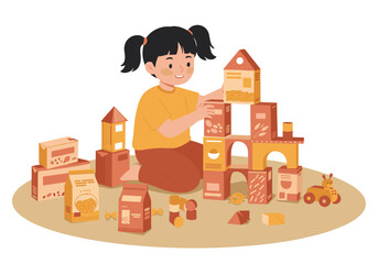 Young girl building a city from  cereal and pasta packaging on the floor   in flat vector style