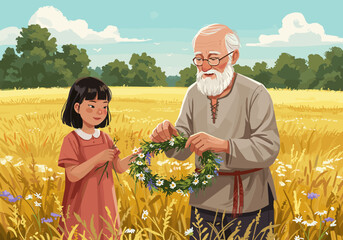 Elderly man teaching young girl to make flower crown in field   in flat vector style