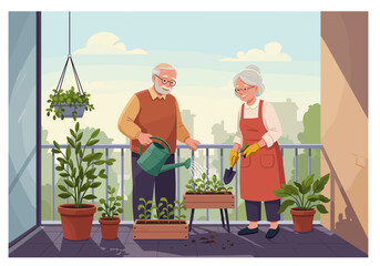 Elderly couple tending seedlings on balcony with potted plants and sunny sky in flat vector style