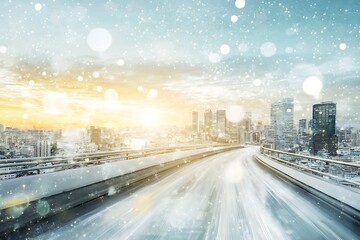 Obraz premium Driving on Highway Towards City Skyline with Sparkling Winter Overlay