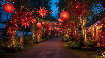 Illuminated Nighttime Display of Paper Decorations and Lights Creates Festive Outdoor Celebration