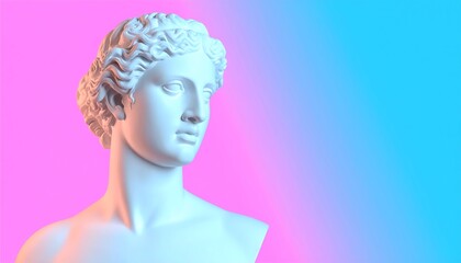 Classical bust on neon gradient backdrop.